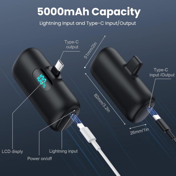[2-Pack] Mini Portable Charger 5000mAh Power Bank,3A PD USB C Cell Phone Portable Power, LCD Display Battery Pack Compatible with iPhone 16/15/15 plus/15 pro/15 pro Max/Android/Samsung/Moto/LG etc - Image 5