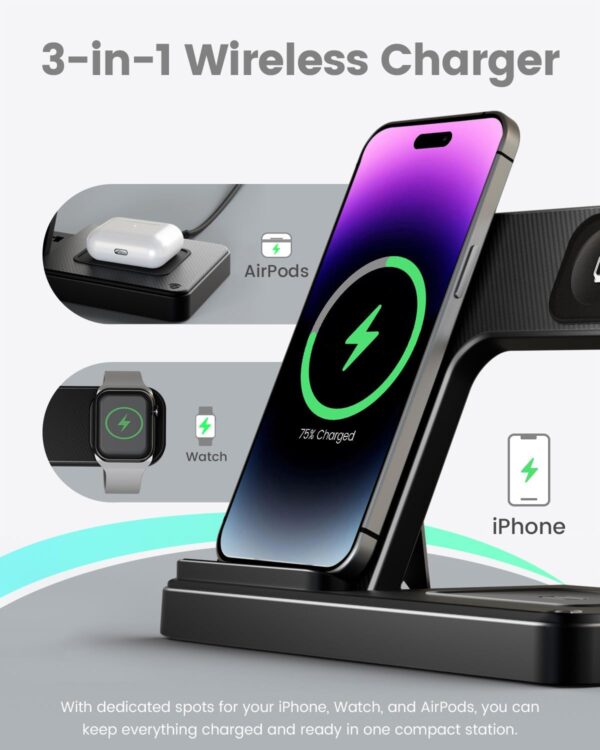 Wireless Charger iPhone Charging Station: 3 in 1 Charger Stand Multiple Devices for Apple - iPhone 16 15 14 Pro Max 13 12 11 - Watch 10 9 8 7 6 5 4 3 2 SE and Ultra Series - Airpods 4 3 2 Pro - Image 6