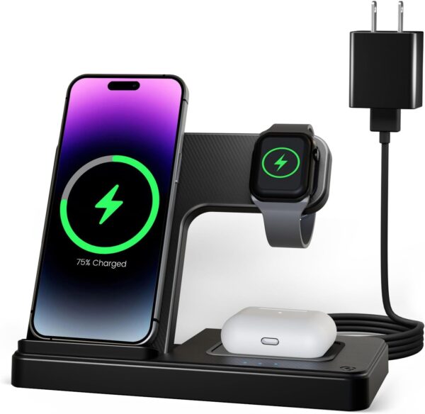 Wireless Charger iPhone Charging Station: 3 in 1 Charger Stand Multiple Devices for Apple - iPhone 16 15 14 Pro Max 13 12 11 - Watch 10 9 8 7 6 5 4 3 2 SE and Ultra Series - Airpods 4 3 2 Pro