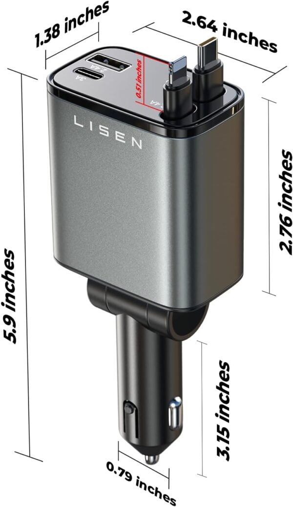 LISEN Retractable Car Charger 4 in 1 [69W USB C Car Charger Adapter] for iPhone 16 Car Charger Fast Charging, Gifts for Women Men, Car Accessories USBC Car Charger for iPhone 16 15 14 13 12, Gray - Image 6