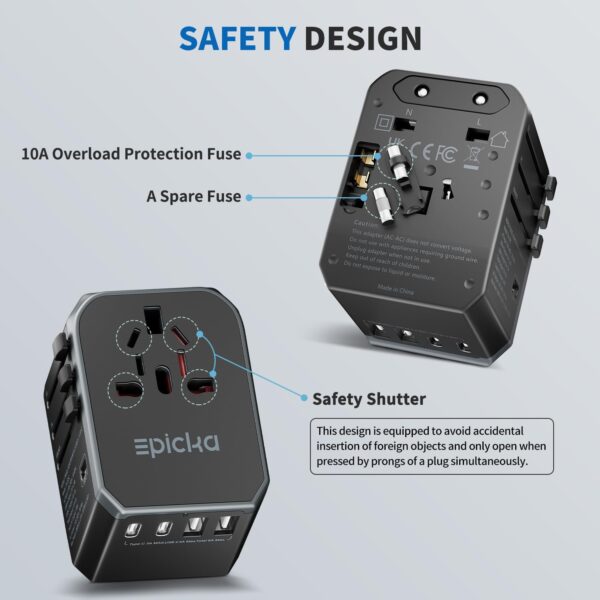 EPICKA Universal Travel Adapter, International Power Plug Adapter with 3 USB-C and 2 USB-A Ports, All-in-One Worldwide Wall Charger for USA EU UK AUS (TA-105C, Black) - Image 5