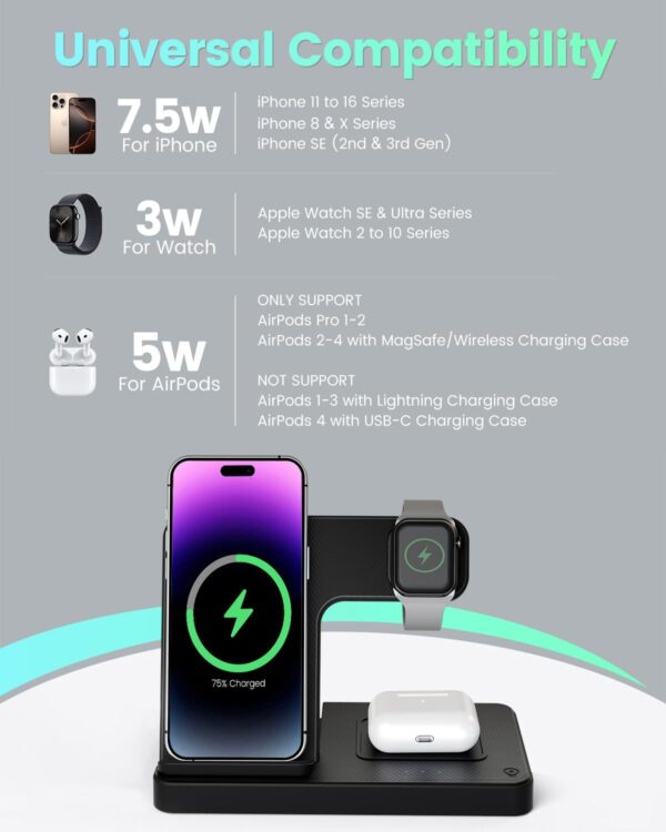 Wireless Charger iPhone Charging Station: 3 in 1 Charger Stand Multiple Devices for Apple - iPhone 16 15 14 Pro Max 13 12 11 - Watch 10 9 8 7 6 5 4 3 2 SE and Ultra Series - Airpods 4 3 2 Pro - Image 2