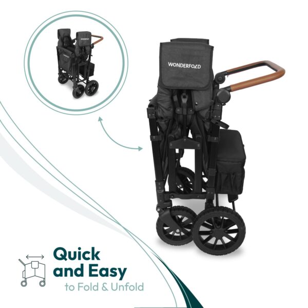 WONDERFOLD W4 Luxe Stroller Wagon (4 Seater) - Collapsible Wagon Stroller with Seats with Magnetic Buckle 5-Point Harnesses and Sun Canopy, Black - Image 5