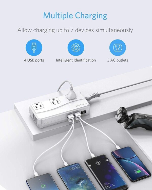 BESTEK Universal Travel Adapter 100-220V to 110V Voltage Converter 250W with 6A 4-Port USB Charging 3 AC Sockets and EU/UK/AU/US/India Worldwide Plug Adapter (White) - Image 5
