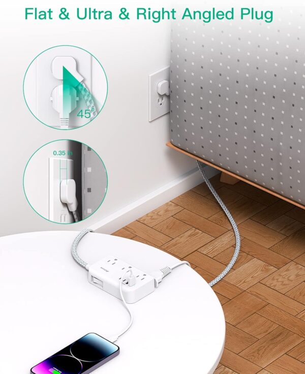 Power Strip Extension Cord - 6 Outlets and 4 USB (2 USB C), 5Ft Braided Cord with Ultra Thin Flat Plug, Wall Mount, Overload Protection, Compact for Travel, Cruise Ship, and Dorm Room Essentials - Image 3