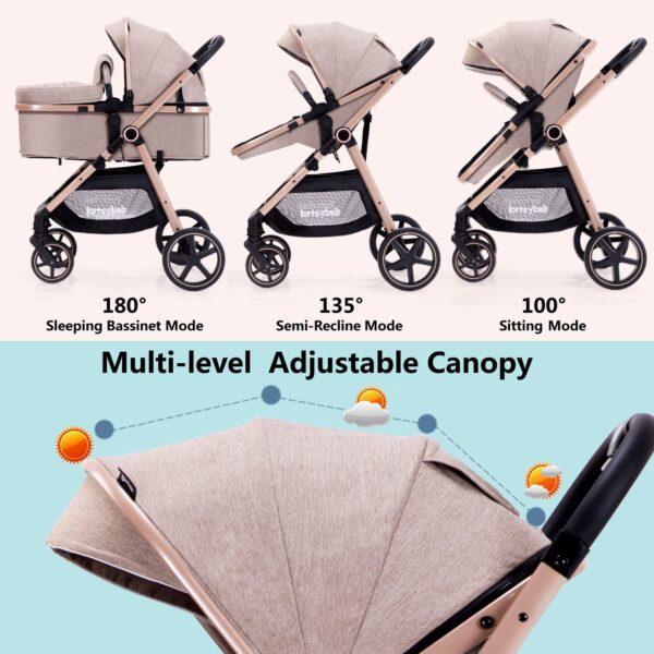 2-in-1 Baby Stroller with Bassinet Mode - Folding Infant Newborn Pram Stroller with Reversible Seat - Toddler Strollers for 0-36 Months Old Babies (Beige) - Image 2