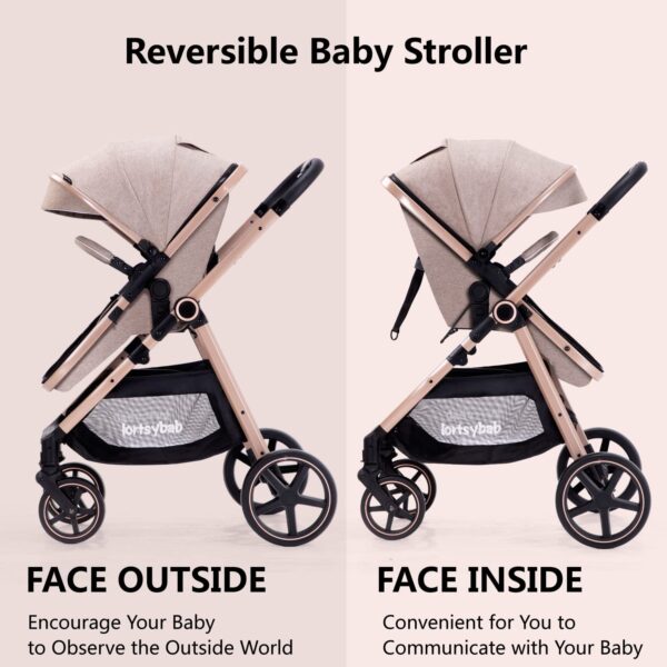 2-in-1 Baby Stroller with Bassinet Mode - Folding Infant Newborn Pram Stroller with Reversible Seat - Toddler Strollers for 0-36 Months Old Babies (Beige) - Image 3