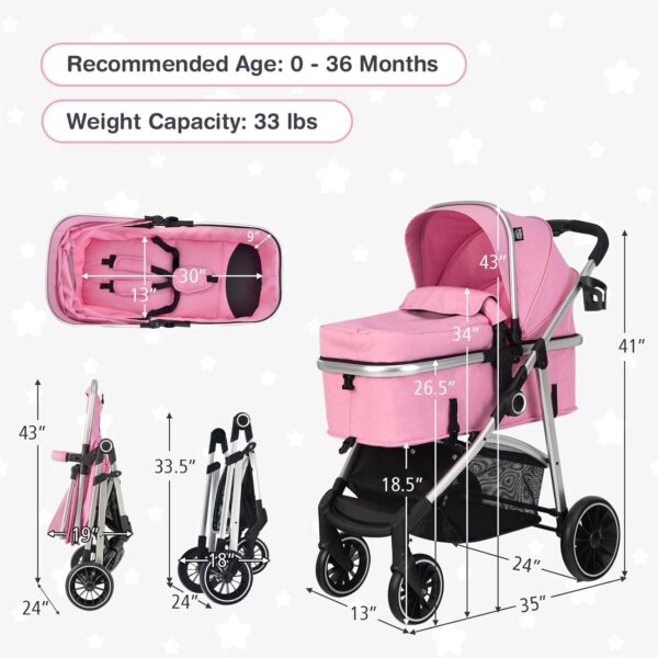 BABY JOY 2 in 1 Convertible Baby Stroller, High Landscape w/Reversible Seat, Removable Footmuff, Adjustable Backrest & Canopy, Foldable Infant Pram Stroller for 0-36 Months Babies, Pink - Image 8