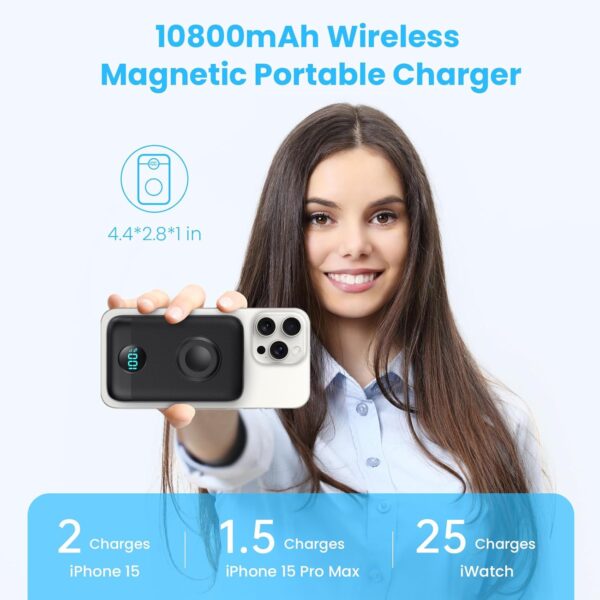 Magnetic Portable Charger 10800mAh,4-in-1 Wireless Power Bank with iWatch Charger, QC4.0+20W PD Fast Charging USB C Battery Pack with LCD Display for Magsafe,iPhone 16/15/14/13/12 Series,Apple Watch - Image 2