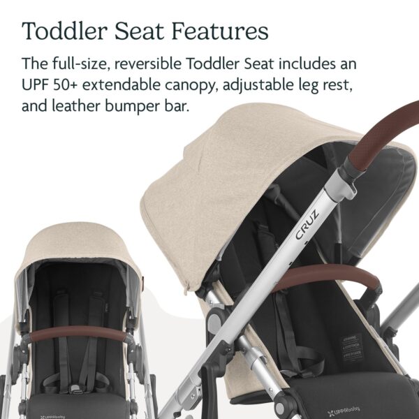 UPPAbaby Cruz V2 Stroller/Full-Featured Stroller with Travel System Capabilities/Toddler Seat, Bumper Bar, Bug Shield, Rain Shield Included/Declan (Oat Mélange/Silver Frame/Chestnut Leather) - Image 4