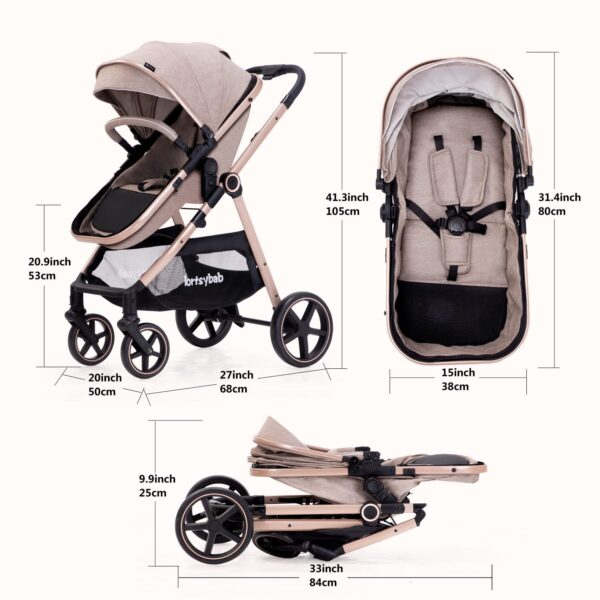 2-in-1 Baby Stroller with Bassinet Mode - Folding Infant Newborn Pram Stroller with Reversible Seat - Toddler Strollers for 0-36 Months Old Babies (Beige) - Image 7