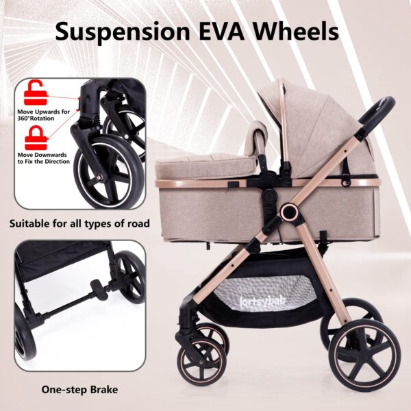 2-in-1 Baby Stroller with Bassinet Mode - Folding Infant Newborn Pram Stroller with Reversible Seat - Toddler Strollers for 0-36 Months Old Babies (Beige) - Image 5