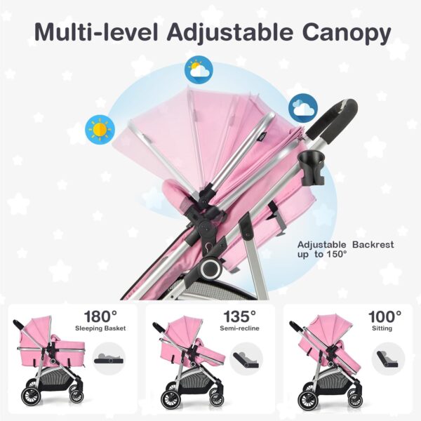 BABY JOY 2 in 1 Convertible Baby Stroller, High Landscape w/Reversible Seat, Removable Footmuff, Adjustable Backrest & Canopy, Foldable Infant Pram Stroller for 0-36 Months Babies, Pink - Image 2