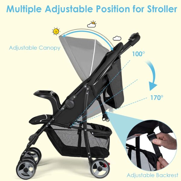 Baby Joy Lightweight Stroller, Compact Toddler Travel Stroller for Airplane, Infant Stroller w/Adjustable Backrest/Footrest/Canopy, 5-Point Harness, Storage Basket, Easy One-Hand Fold, Black - Image 3