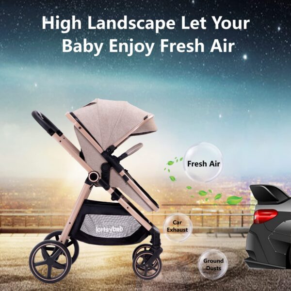 2-in-1 Baby Stroller with Bassinet Mode - Folding Infant Newborn Pram Stroller with Reversible Seat - Toddler Strollers for 0-36 Months Old Babies (Beige) - Image 9