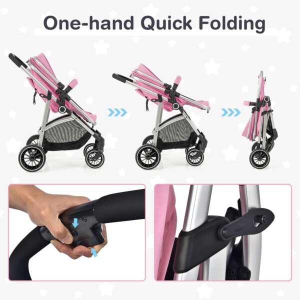 BABY JOY 2 in 1 Convertible Baby Stroller, High Landscape w/Reversible Seat, Removable Footmuff, Adjustable Backrest & Canopy, Foldable Infant Pram Stroller for 0-36 Months Babies, Pink - Image 7