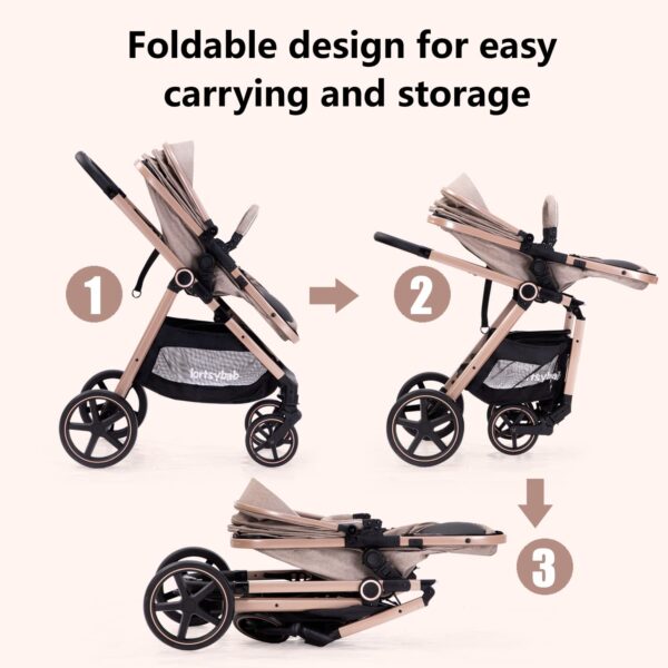 2-in-1 Baby Stroller with Bassinet Mode - Folding Infant Newborn Pram Stroller with Reversible Seat - Toddler Strollers for 0-36 Months Old Babies (Beige) - Image 6