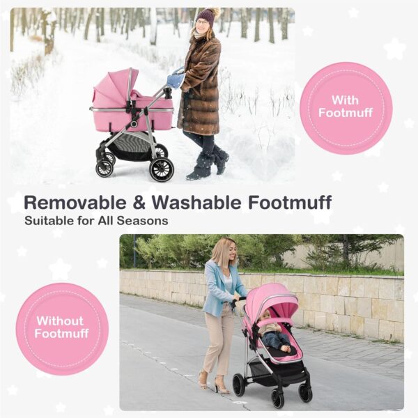 BABY JOY 2 in 1 Convertible Baby Stroller, High Landscape w/Reversible Seat, Removable Footmuff, Adjustable Backrest & Canopy, Foldable Infant Pram Stroller for 0-36 Months Babies, Pink - Image 6