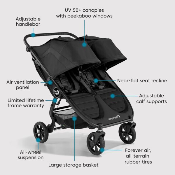 Baby Jogger City Mini GT2 All-Terrain Double Stroller, Jet Black, Perfect for Newborn and Toddler, Compatible with Britax, Cybex, Graco, and Maxi Cosi Infant Car Seats - Image 7