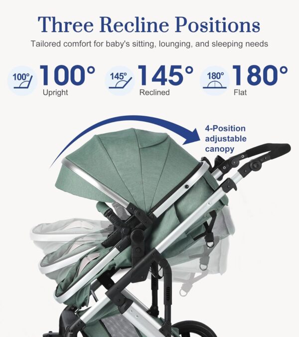 2-in-1 Convertible Baby Stroller with Bassinet Mode, Bassinet Stroller with Reversible Seat, Folding Infant Stroller with Adjustable Backrest & Awning, Toddler Pushchair for 0-36 Months, Green - Image 3