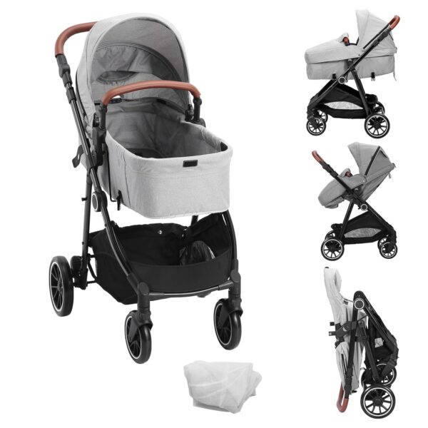 VEVOR Standard Baby Stroller, Infant Toddler Stroller with Bassinet, 3rd-Gear Adjustable Backrest & Foldable & Reversible Seat, Carbon Steel Newborn Stroller with Leg Cover and Mesh Net, Light Grey