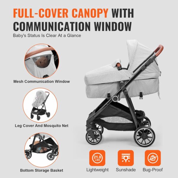 VEVOR Standard Baby Stroller, Infant Toddler Stroller with Bassinet, 3rd-Gear Adjustable Backrest & Foldable & Reversible Seat, Carbon Steel Newborn Stroller with Leg Cover and Mesh Net, Light Grey - Image 6