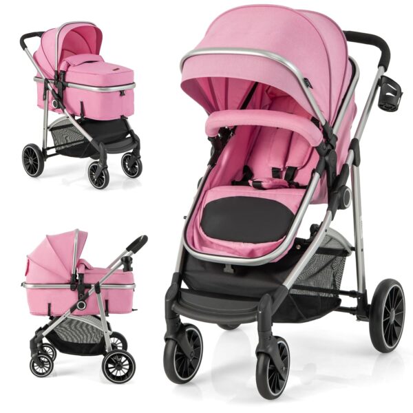 BABY JOY 2 in 1 Convertible Baby Stroller, High Landscape w/Reversible Seat, Removable Footmuff, Adjustable Backrest & Canopy, Foldable Infant Pram Stroller for 0-36 Months Babies, Pink