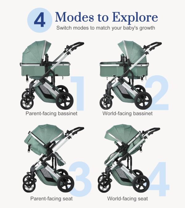 2-in-1 Convertible Baby Stroller with Bassinet Mode, Bassinet Stroller with Reversible Seat, Folding Infant Stroller with Adjustable Backrest & Awning, Toddler Pushchair for 0-36 Months, Green - Image 2