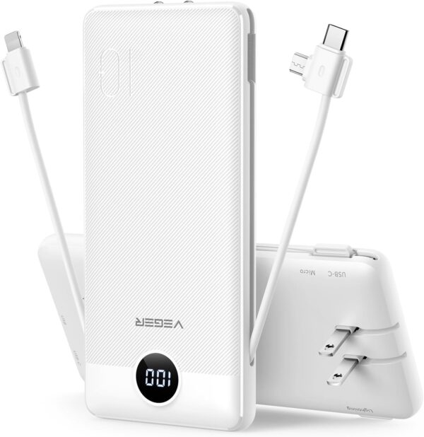 VEGER Portable Charger for iPhone Built in Cables and Wall Plug, 10000mah Slim Fast Charging USB C Power Bank, Travel Essential Battery Pack Compatible with iPhones, iPad, Samsung More Devices(White)