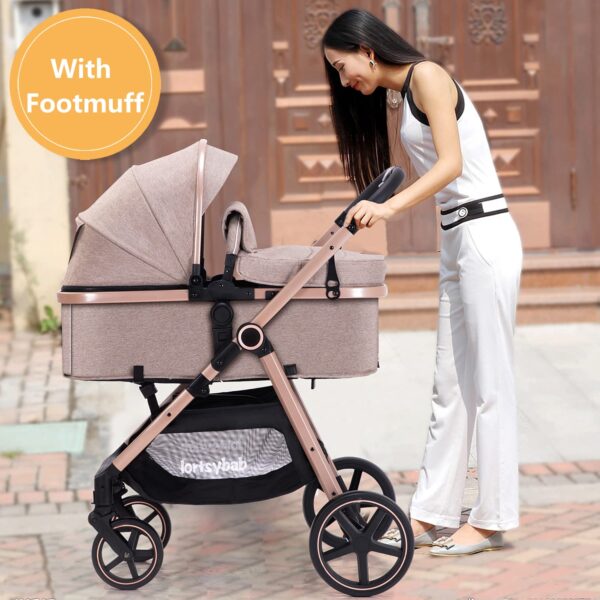 2-in-1 Baby Stroller with Bassinet Mode - Folding Infant Newborn Pram Stroller with Reversible Seat - Toddler Strollers for 0-36 Months Old Babies (Beige) - Image 4