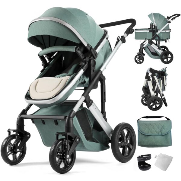 2-in-1 Convertible Baby Stroller with Bassinet Mode, Bassinet Stroller with Reversible Seat, Folding Infant Stroller with Adjustable Backrest & Awning, Toddler Pushchair for 0-36 Months, Green