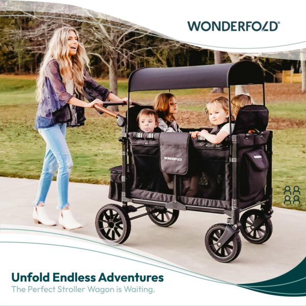 WONDERFOLD W4 Luxe Stroller Wagon (4 Seater) - Collapsible Wagon Stroller with Seats with Magnetic Buckle 5-Point Harnesses and Sun Canopy, Black - Image 2