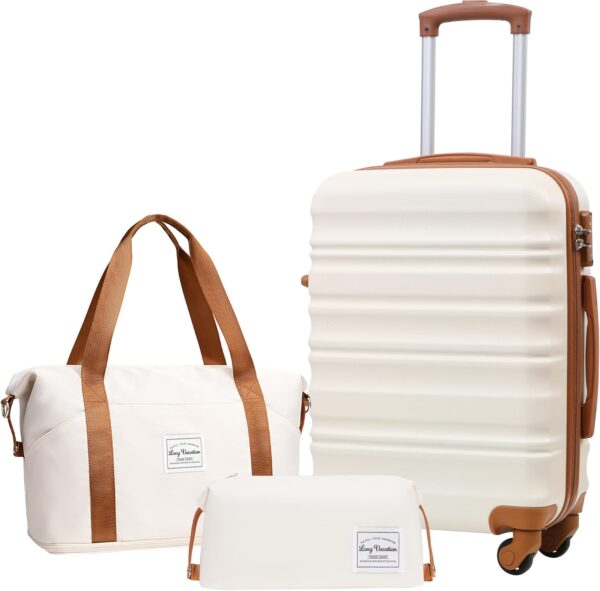 LONG VACATION Luggage Sets 20 IN Carry on Suitcase ABS Handshell Luggage 3 Piece Set with TSA Lock Spinner Wheels (WHITE-BROWN, 20-Inch)