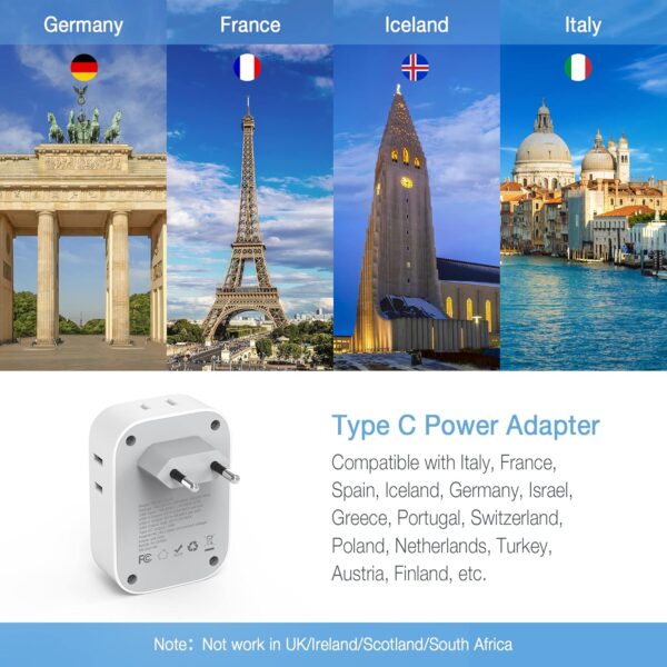 2 Pack European Travel Plug Adapter USB C, TESSAN US to Europe Plug Adapter with 4 Outlets 3 USB Charger (1 USB C Port), Type C Power Adaptor to Italy Spain France Portugal Iceland Germany, white gray - Image 2