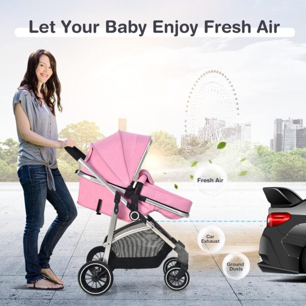 BABY JOY 2 in 1 Convertible Baby Stroller, High Landscape w/Reversible Seat, Removable Footmuff, Adjustable Backrest & Canopy, Foldable Infant Pram Stroller for 0-36 Months Babies, Pink - Image 9