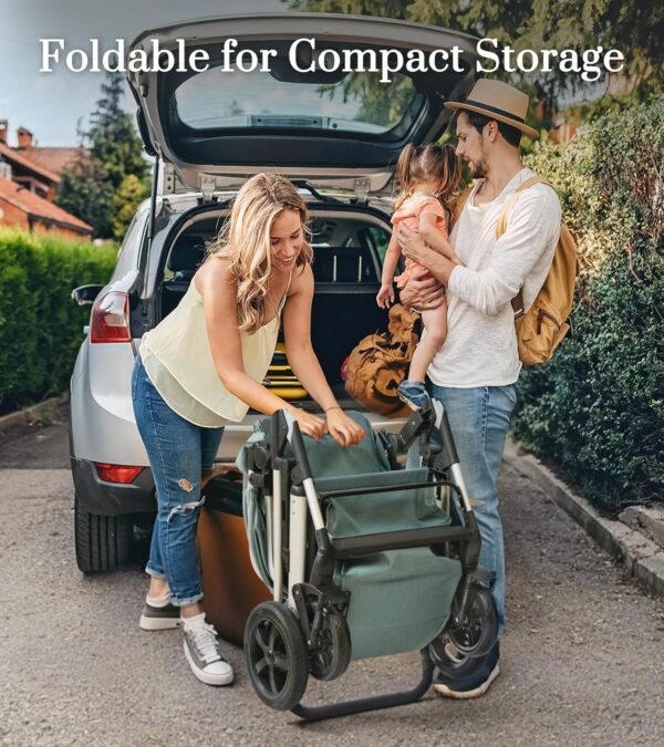 2-in-1 Convertible Baby Stroller with Bassinet Mode, Bassinet Stroller with Reversible Seat, Folding Infant Stroller with Adjustable Backrest & Awning, Toddler Pushchair for 0-36 Months, Green - Image 5
