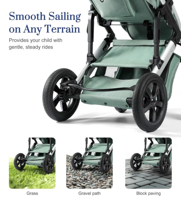 2-in-1 Convertible Baby Stroller with Bassinet Mode, Bassinet Stroller with Reversible Seat, Folding Infant Stroller with Adjustable Backrest & Awning, Toddler Pushchair for 0-36 Months, Green - Image 6