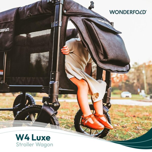 WONDERFOLD W4 Luxe Stroller Wagon (4 Seater) - Collapsible Wagon Stroller with Seats with Magnetic Buckle 5-Point Harnesses and Sun Canopy, Black - Image 4