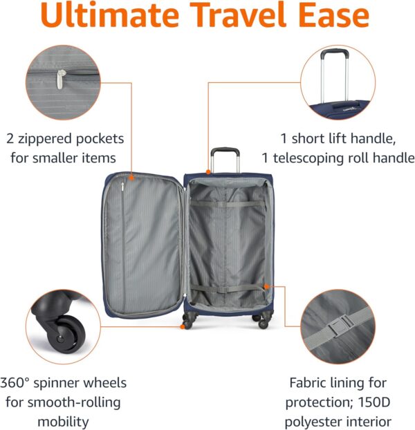 Amazon Basics Suitcases, Softside Luggage, 30-inch, Durable Design, Spinner Wheels, Large, Navy Blue - Image 3