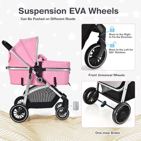 BABY JOY 2 in 1 Convertible Baby Stroller, High Landscape w/Reversible Seat, Removable Footmuff, Adjustable Backrest & Canopy, Foldable Infant Pram Stroller for 0-36 Months Babies, Pink - Image 4