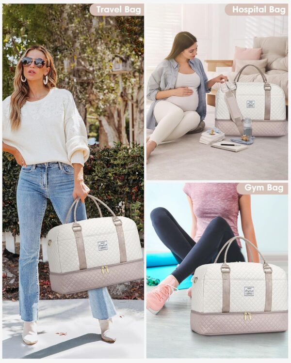 Travel Duffle Bag Weekender for Women: Travel Duffel Bag Carry-On Overnight Bag with Shoe Compartment & Wet Pocket Large Weekend Tote Bag with Toiletry Bags Gym Duffel Bag for Hospital Beige - Image 6