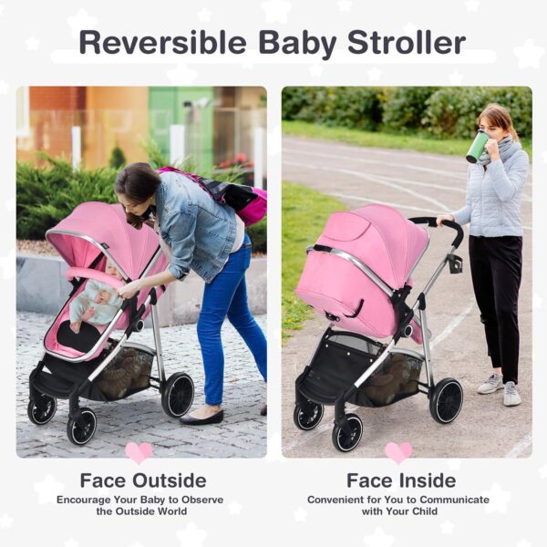 BABY JOY 2 in 1 Convertible Baby Stroller, High Landscape w/Reversible Seat, Removable Footmuff, Adjustable Backrest & Canopy, Foldable Infant Pram Stroller for 0-36 Months Babies, Pink - Image 5