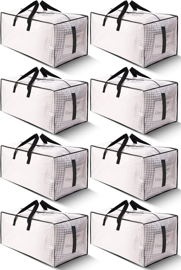 8 Pack Large Strong Moving Bags with Zippers & Carrying Handles - Water-Resistant - Heavy Duty Storage Tote for Space Saving, Fold Flat, Alternative to Moving Box (Semi-Transparent)