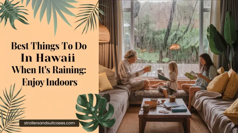 A cozy indoor scene featuring a family enjoying a rainy day in Hawaii. The family is sitting on a comfortable sofa, reading and relaxing while looking out the window at the rain. Tropical plants are visible inside, adding to the relaxing atmosphere, with the title "Best Things To Do In Hawaii When It’s Raining: Enjoy Indoors" displayed at the top and the website "strollersandsuitcases.com" at the bottom.