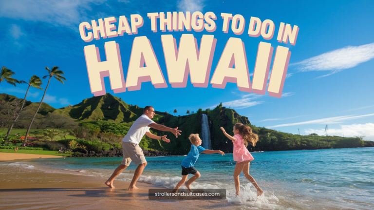 A father and his two children enjoying a fun moment on a sandy beach in Hawaii. The children are running near the water, with the father holding one child’s hand while smiling. The background shows lush green mountains, clear skies, and a waterfall. The text "CHEAP THINGS TO DO IN HAWAII" is overlaid in bold, playful font at the top of the image.