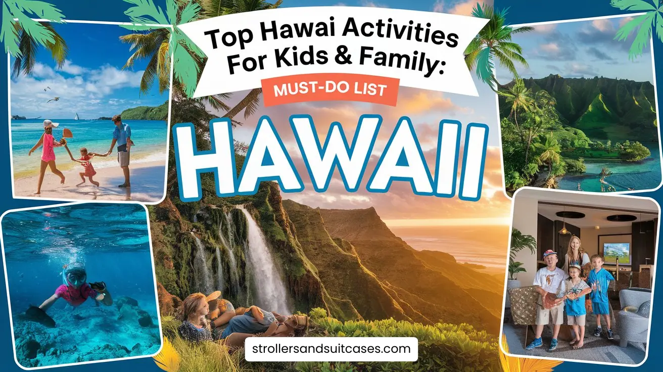 Collage of Hawaii family activities featuring a beach, snorkeling, waterfalls, tropical lagoon, and a family in a resort room, framed by palm fronds.