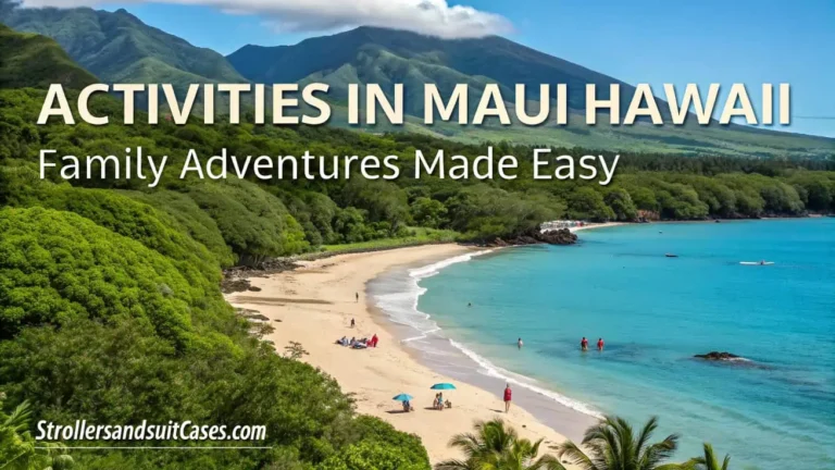 Activities in Maui Hawaii Family Adventures Made Easy, A scenic view of a tropical beach with turquoise waters, lush green trees, and distant mountains in Maui Hawaii, highlighting family adventures.