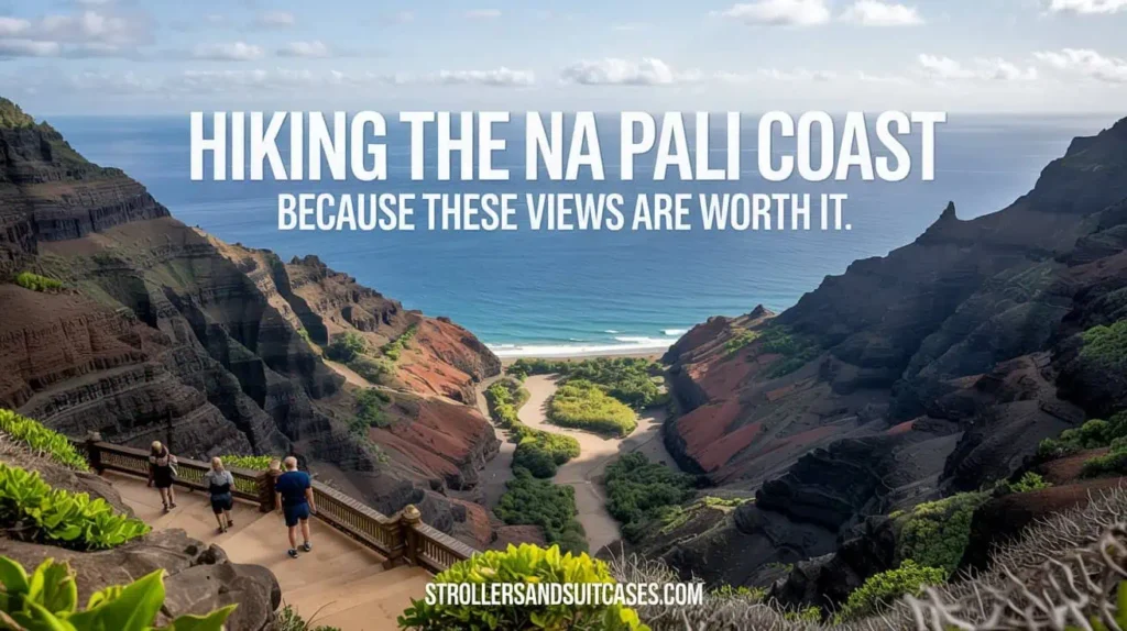 Hiking the Na Pali Coast Because These Views Are Worth It with a stunning overlook of rugged cliffs and the Pacific Ocean in Kauai Hawaii.