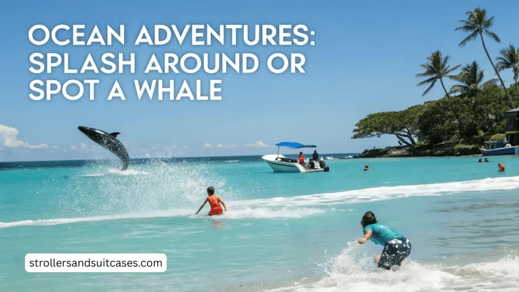 Ocean Adventures: Splash Around or Spot a Whale, A whale breaching the ocean near a boat while children play in the shallow waters, promoting ocean adventures in Hawaii.