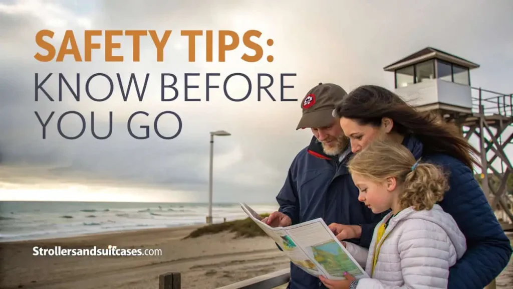 Safety Tips: Know Before You Go, A family standing on a beach, reading a map together near a lifeguard station under cloudy skies, emphasizing travel safety tips.